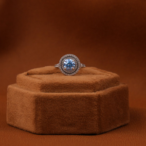 Blue Round Cut Lab Grown Diamond Half Eternity Double Halo Engagement Ring With Tiney Lab Grown Diamond Engagement Ring - Product Image 1