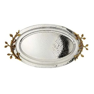 Plateau ovale en acier inoxydable martelé plateau de service décoratif avec poignées en bois plateau décoratif fait à la main pour servir Noël - Product Image 1