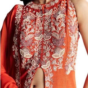 Costume Palazzo en Soie Orange Avec Moti Et Coupe Dana Work Vente en Gros Vêtements Ethniques pour Femmes OEM Vêtements Fournisseur d'Usine Mariage Personnalisé - Product Image 5