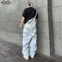 Salopette baggy en denim déchiré pour hommes, visage souriant mignon, conception en détresse, combinaison en jean détruit avec poches fonctionnelles