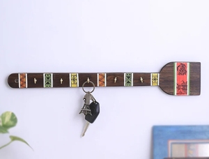 Soporte para llaves de madera de teca con espátula Horizontal con cinco ganchos soporte de correo montado para organizador de correo de madera decorativo de pared del hogar - Product Image 2