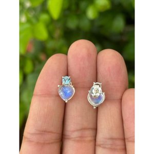 925 Sterling <b>Silver</b> Heart <b>Stud</b> Earrings with Moonstone & Aquamarine Gift - Product Image 3