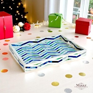 Plateau en incrustation d'os Design géométrique Chevron bleu vert fait à la main plateau de service décoratif décor à la maison de luxe en gros - Product Image 2