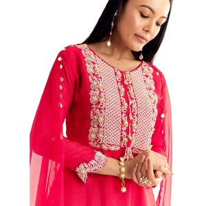 Abito rosso Moti Threadwork Dola Sharara in seta con Organza Dupatta per feste matrimonio indiano e abbigliamento tradizionale - Product Image 3