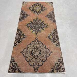 3x6.7 ft Vintage Accent Rug, <b>Brown</b> Yellow Turkish Ikat <b>Wool</b> Rug - Product Image 1