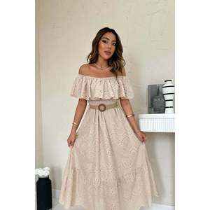 Beige Off-Shoulder Broderie Anglaise <b>Dress</b> - Beige - Product Image 3