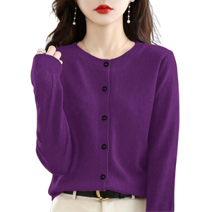 Women Purple High Stretch Knit <b>Cardigan</b> <b>Sweater</b> Long Sleeve Button Front Neck Casual Work Daily Wear Plain Simple Stylish New - Product Image 1