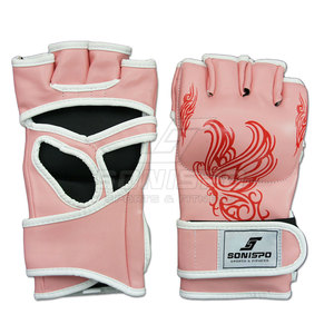 Gants d'entraînement MMA SONISPO rose demi-doigts avec motif flamme rouge, fermeture Velcro, unisexe, en similicuir, pour arts martiaux - Product Image 1