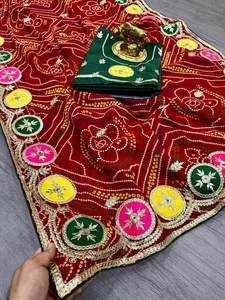 Sari en Georgette pur avec imprimé Bandhani de Jaipur et magnifique travail Gota Bangali sur le pallu et la bordure - Product Image 3