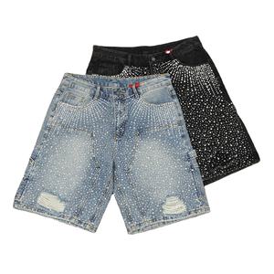 ผู้ผลิตกางเกงยีนส์เดนิมสไตล์วินเทจแบบทำสีซีด แต่งคริสตัล กางเกงยีนส์ขาสั้นทรงหลวมสำหรับผู้ชาย กางเกงยีนส์ขาสั้นเดนิมสำหรับผู้ชาย - Product Image 1