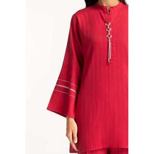 ชุดเสื้อและกางเกงปักลายก้างปลาสีแดงสองโทน พร้อมตกแต่งด้วยเชือกผูก - Product Image 2