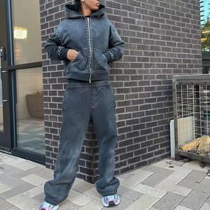 Custom Distressed <b>Zip</b> <b>up</b> Colorful Flared Sweatpants and Hoodie Sets Men Streetwear Rhinestone Tracksuit Acid Wash Sweatsuit - Product Image 3