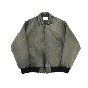 Bomber Jacket Unisex Spread Collar Algodón Acolchado Satén Forro Zip up Vintage Washed Jacket - Product Image 5