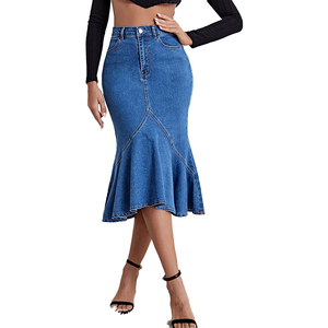 Vente chaude femmes queue de poisson moyenne croix Denim Jean jupe taille haute à la mode à volants ourlet Denim jupe pour les femmes - Product Image 6