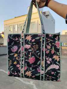 Indian Hand Block Quilted Floral Printed 100% Cotton Tote Shoulder Bag Eco-Friendly Durable for Daily Use Fashion for Summer - Product Image 4