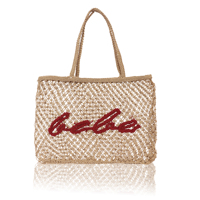 Sac fourre-tout en jute naturel au crochet, couleur unie, avec broderie rouge, style bohème, pour l'été, la plage, les voyages et l'usage quotidien, design ouvert