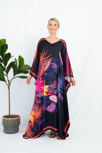 Vestido Maxi informal ecológico de verano para mujer, diseño de estampado de Palma sólida, Correa con cuello en V, Material de mezcla de viscosa, Vintage turco - Product Image 3