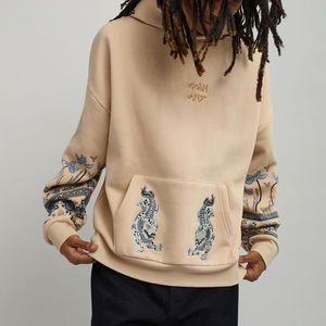 Sweat-shirt à manches longues kaki brodé de haute qualité, ample, lourd, surdimensionné, avec fermeture éclair, pour homme - Product Image 4