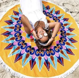 批发优质沙滩巾大圆形沙滩巾，带流苏印花夏季常春藤就绪设计或定制设计无沙