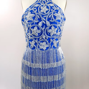 Vestido de fiesta de noche con cuello Halter para mujer, con cuentas pesadas, adornado a mano, corto, sin mangas, hasta la rodilla para fiestas, estilo Club - Product Image 1