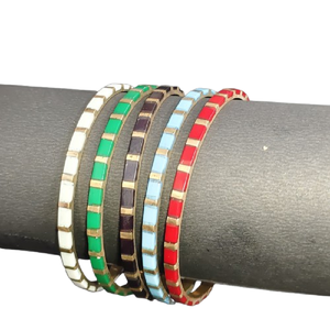 Multi-Color Mosaic Enamel Inlay Brass Bangle, Geometric Pattern Rainbow <b>Stacking</b> <b>Bracelet</b>, High-End Handcrafted Metal Bangle - Product Image 4