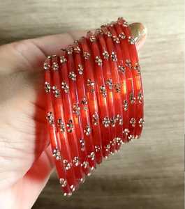 orange <b>glass</b> <b>Bangles</b> Set With Crystal Rhinestone Flower Pattern Ethnic Style Women's Jewelry - Product Image 1
