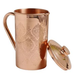 Pichet en cuivre pur à finition martelée de qualité supérieure |   Carafe à eau en cuivre ayurvédique décorative, 100% étanche, récipient en cuivre pour le bien-être - Product Image 1
