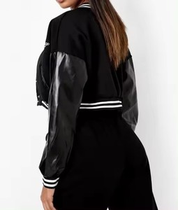 Patchs de broderie en chenille personnalisés pour hommes, veste universitaire noire recadrée, blouson bombardier à col montant pour collège et baseball - Product Image 4