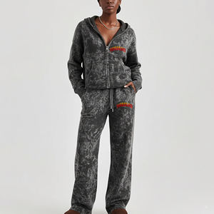 Vente chaude 100% coton solide brodé dentelle Hip Hop Style Sunfade lavé Zip survêtement personnalisé bouffée imprimé Logo décontracté Flare - Product Image 4