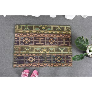 Vintage 2x2.7ft Vert Brun Laine Tapis Grande Surface Turc Classique Style Abstrait Rectangle Motif Couloir Soutenu Latex pour Chambres - Product Image 1