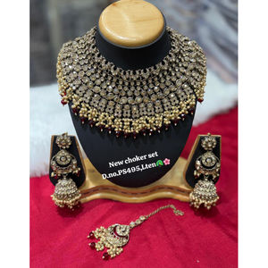 Gold Plated Ethnic Bridal Shadow <b>Choker</b> Necklace Set Earrings Maang Tikka Latest Designed Handmade Jewelry Wedding Party - Product Image 1