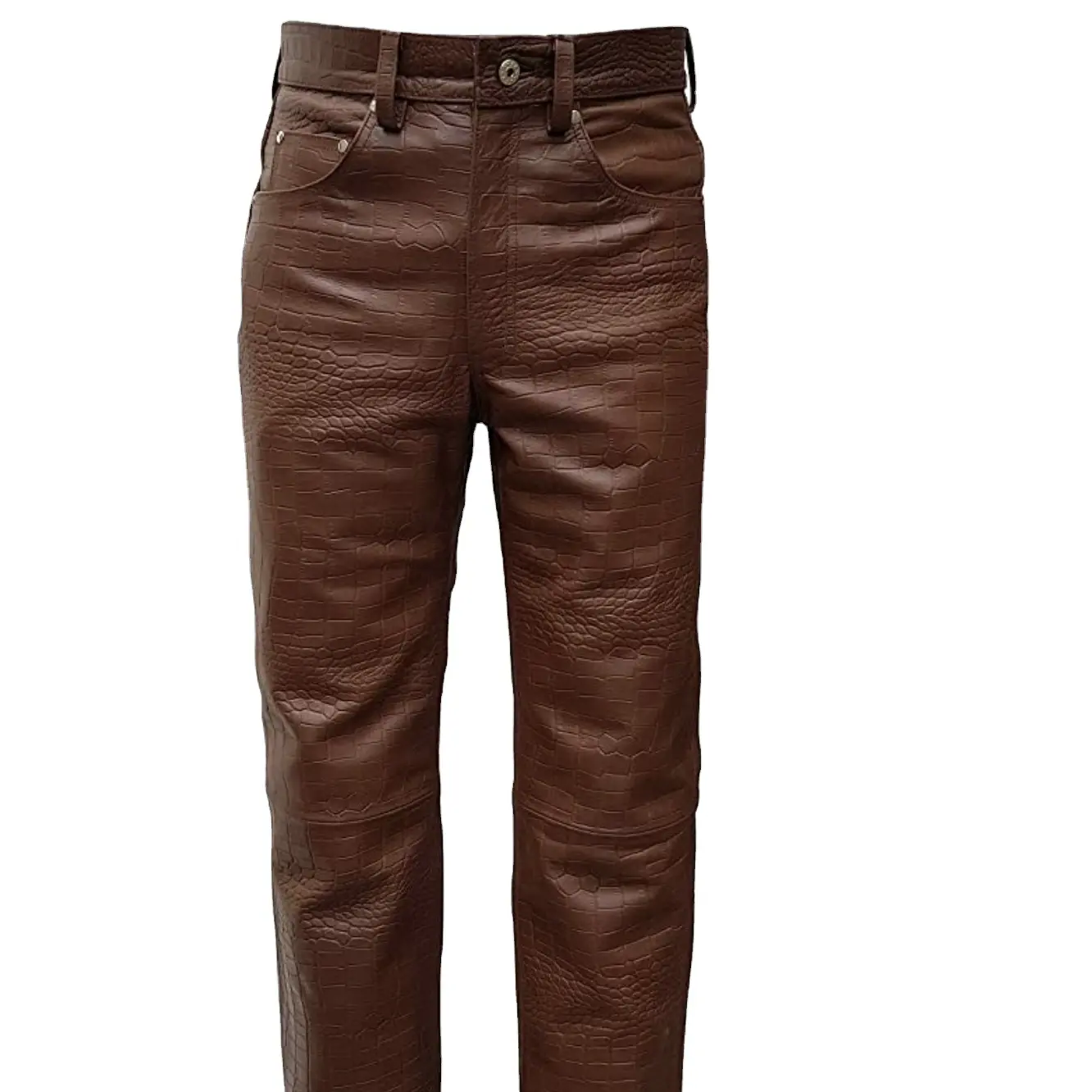Celana panjang kulit buaya untuk pria, celana panjang Jin gaya 501 kulit motif buaya warna coklat asli, celana kulit klub pengendara sepeda motor