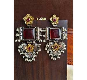 Beau léger rouge sur mesure argent double ton lustre boucles d'oreilles créoles haute qualité Style Vintage tenue de fête de mariage - Product Image 1