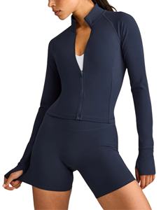 Veste de yoga pour femme, coupe courte, entièrement zippée, respirante, résistante à l'eau, extensible dans quatre directions, avec trous pour les pouces, col montant, coupe ajustée, pour la course et la gym - Product Image 1