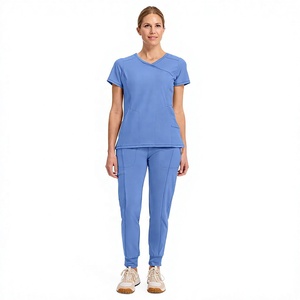 Ensemble de blouse et pantalon médical en jean bleu pour femme, col en V, tricoté, avec cordon de serrage à la taille, pour usage hospitalier - Product Image 1