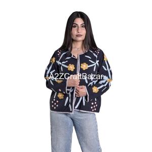 Manteau bomber tricoté vintage pour femme, col en V, motif floral, respirant, en coton écologique, séchage rapide, fait main - Product Image 1