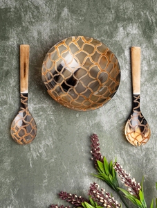 Bol de service à carreaux en corne de buffle naturelle avec cuillère et fourchette ensemble 6 pouces bol de service artisanal décor à la maison vintage - Product Image 5