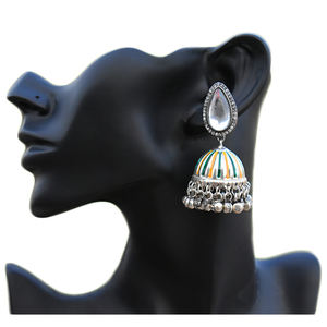 silver look alike brass meenakari stone traditional handmade 2024 stud ghungro jhumka hoop earing for girls and women - Product Image 5