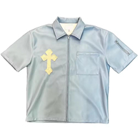 Camisa Casual de Invierno para Hombre, Personalizada, de Cuero PU Tejido, Transpirable, Tallas Grandes, con Cierre de Cremallera, Parche Bordado, Manga Corta, Cuello Mao, Corte Holgado