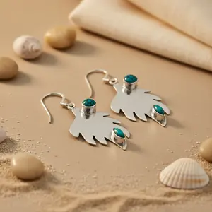 925 Silver Leaf <b>Turquoise</b> Drop and <b>Hoop</b> <b>Earrings</b> for Women Gold Plated Dainty Jewelry Cute Style for Weddings Parties Gift - Product Image 3