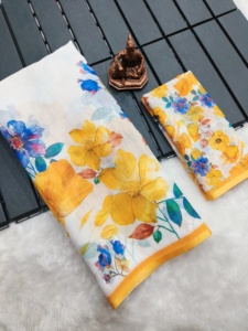 เสื้อส่าหรีพิมพ์ลายดอกไม้พื้นเมืองลายดอกไม้: ลายดอกไม้บนผ้าไหม Lilen Slub - Product Image 6