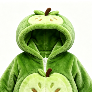 Costume de bébé pomme verte en peluche unique pour Halloween, cadeau de baby shower sur le thème des fruits, combinaison bébé à capuche chaude pour l'hiver - Product Image 3