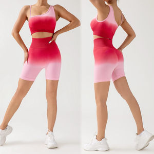 Sujetador con diseño de logotipo personalizado, ropa deportiva sin costuras para mujer, Sujetador deportivo con hombros asimétricos personalizado + conjunto de yoga con pantalones cortos - Product Image 4