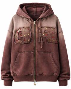 Manufacturer Washed <b>Maroon</b> Zip Up <b>Hoodie</b> Women Distressed Patchwork Studded Design Streetwear Hooded Jacket Cotton Fleece Custom - Product Image 1