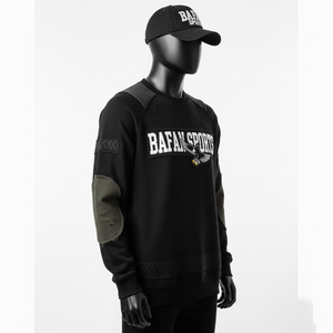 Sweat-shirt pour homme en molleton de coton haute densité 320 GSM, noir olive, panneau de manche renforcé, logo appliqué, sweat-shirts basiques - Product Image 4