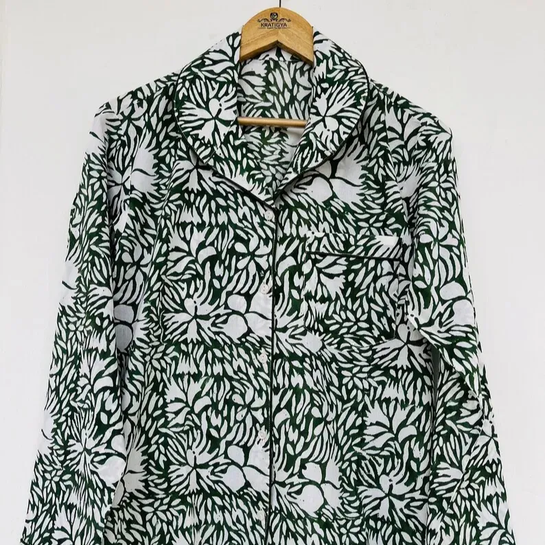 Conjuntos de pijamas 100% orgânicos feitos à mão para mulheres, pijamas de design exclusivo, prontos para usar, com estampa em bloco, algodão orgânico, OEM