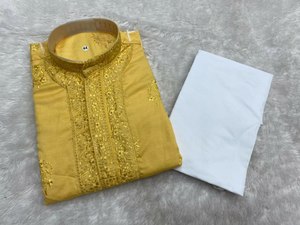 Ensemble Kurta & Payjama de créateur qualité supérieure pour mariage vêtements de fête Chanderi tissu de soie bouton de travail mode pakistanaise - Product Image 2