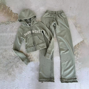 Ropa de calle personalizada para mujer, conjunto de pantalones de chándal con cremallera y bordado desgastado transpirable, ropa de moda corta OEM - Product Image 4