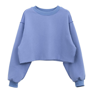 Meilleure qualité polaire lourde O cou à manches longues côtelé manchette pull sweat hiver chaud ample haut court femmes sweat-shirt court - Product Image 5