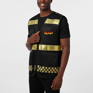 Gilet de sécurité pour homme, logo personnalisé, maille, ANSI classe 2, imperméable, LED clignotante, multi-poches, couleur noire unie, bandes réfléchissantes dorées - Product Image 1